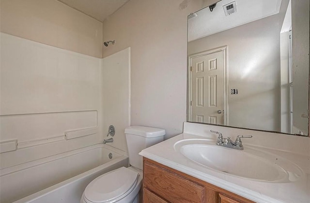 full bathroom with toilet, visible vents,  shower combination, and vanity