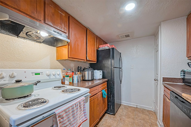 kitchen with white electric range oven, stainless steel dishwasher, brown cabinetry, under cabinet range hood, and visible vents
