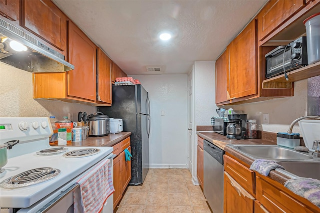 kitchen featuring white range with electric stovetop, visible vents, a sink, dishwasher, and under cabinet range hood