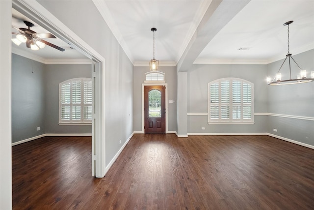 entryway with plenty of natural light, baseboards, and dark wood-style flooring