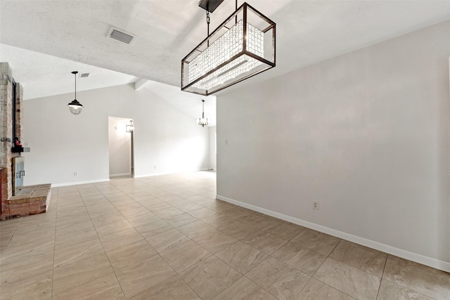 empty room with visible vents, lofted ceiling with beams, light tile patterned flooring, a chandelier, and baseboards