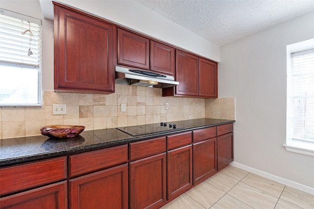 kitchen featuring tasteful backsplash, a wealth of natural light, under cabinet range hood, and black electric cooktop