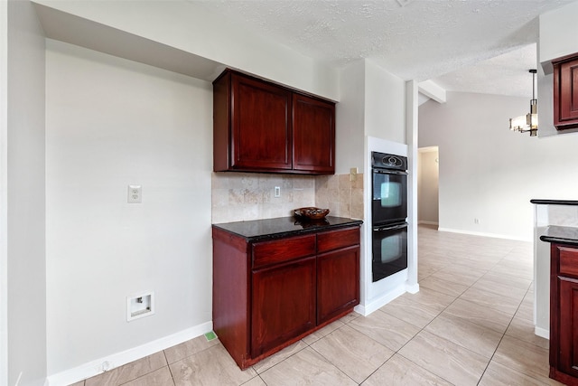 kitchen featuring tasteful backsplash, dobule oven black, vaulted ceiling with beams, and dark brown cabinets