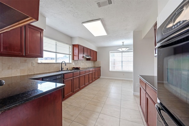 kitchen with tasteful backsplash, visible vents, a healthy amount of sunlight, a sink, and black appliances