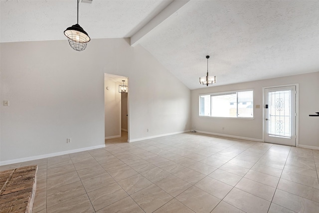 unfurnished room with vaulted ceiling with beams, a notable chandelier, light tile patterned floors, a textured ceiling, and baseboards