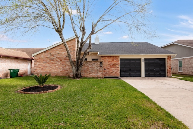 view of front of house with concrete driveway, brick siding, a chimney, and a front lawn