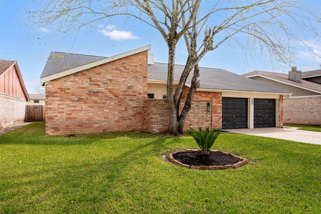 exterior space featuring brick siding, driveway, a front lawn, and fence