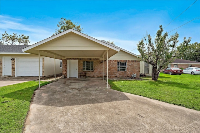 view of front of house featuring driveway, a garage, an attached carport, a front lawn, and brick siding