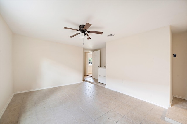 unfurnished room with washer / dryer, visible vents, ceiling fan, and baseboards