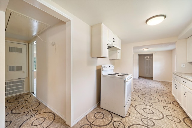 kitchen with white electric stove, white cabinetry, visible vents, and under cabinet range hood