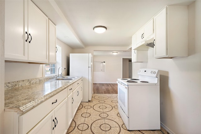 kitchen with white cabinetry, a sink, white appliances, under cabinet range hood, and baseboards