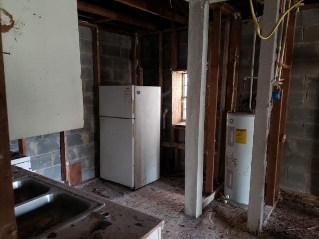 interior space featuring electric water heater and a sink