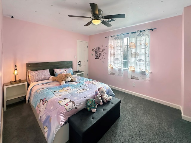 bedroom featuring carpet flooring, ceiling fan, and baseboards