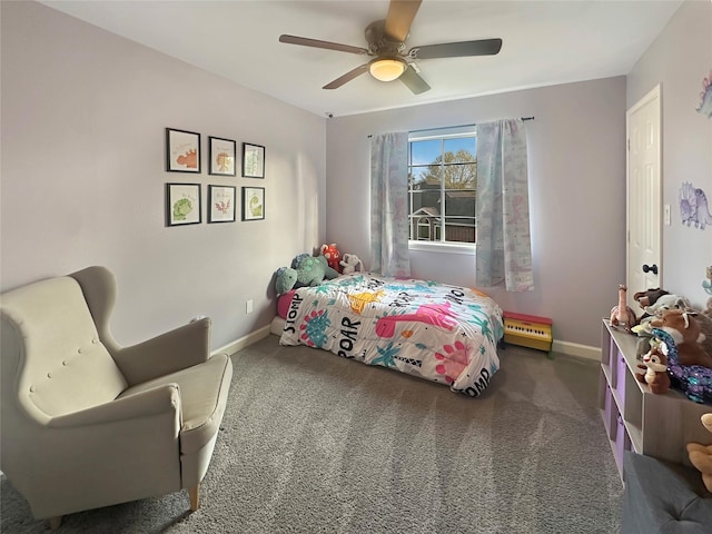 bedroom with carpet flooring, a ceiling fan, and baseboards