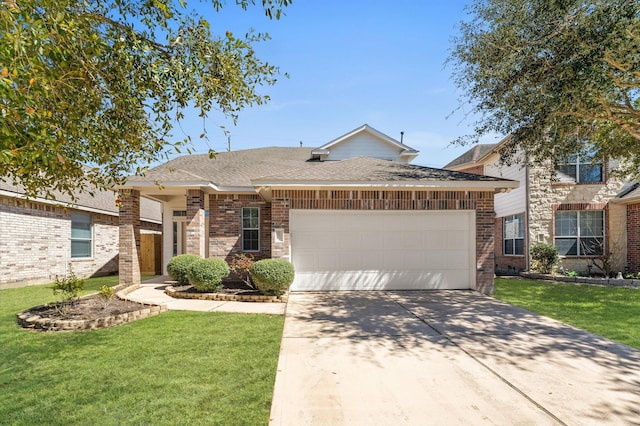 view of front of property with brick siding, a shingled roof, concrete driveway, a front yard, and an attached garage