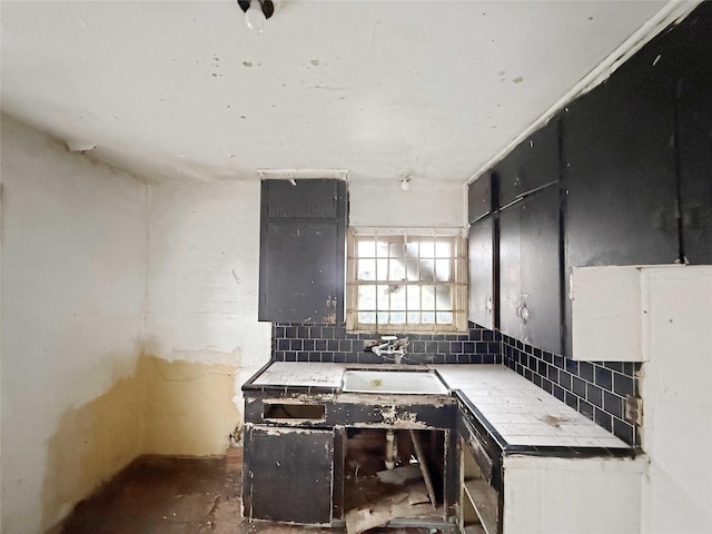 kitchen featuring dark cabinets, a sink, and decorative backsplash