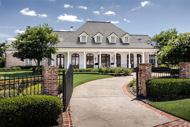 view of front of home with a fenced front yard, a front yard, a porch, and stucco siding