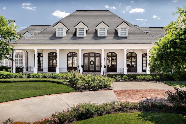 view of front of home with covered porch, a front lawn, a tile roof, and stucco siding