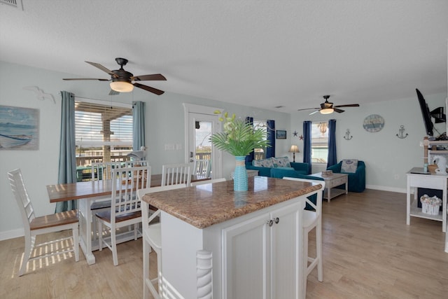 kitchen featuring light wood finished floors, a healthy amount of sunlight, a kitchen island, and ceiling fan