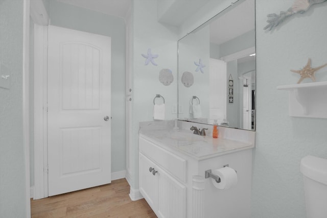 bathroom featuring toilet, vanity, and wood finished floors