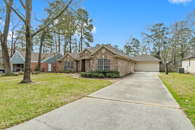 view of front facade featuring driveway, brick siding, central AC, and a front lawn