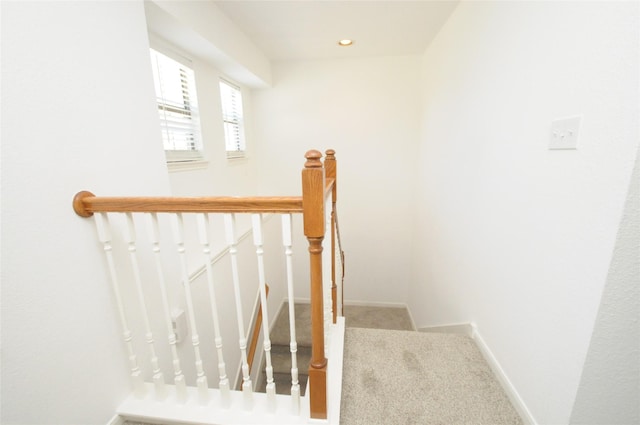 stairs featuring recessed lighting, baseboards, and carpet floors