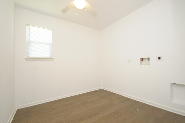 laundry room featuring hookup for a washing machine, baseboards, laundry area, dark wood-style flooring, and electric dryer hookup