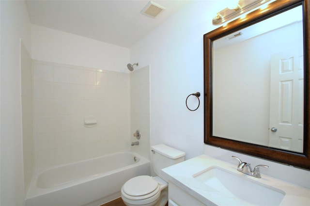 full bathroom featuring vanity, toilet, visible vents, and shower / bath combination