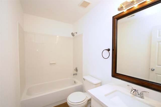 full bath with visible vents, toilet, shower / bath combination, and vanity