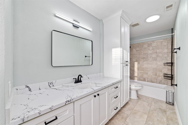 full bath featuring vanity, shower / bathing tub combination, toilet, and visible vents