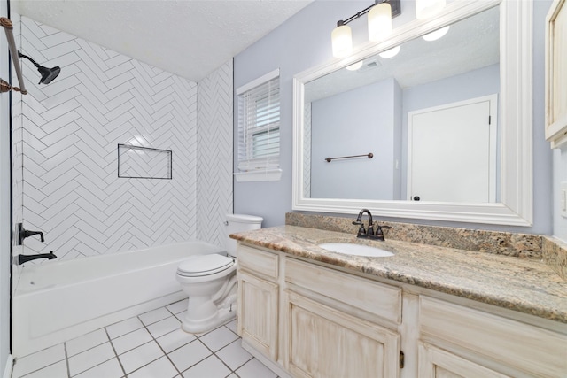 bathroom featuring visible vents, toilet, vanity, tile patterned floors, and a textured ceiling