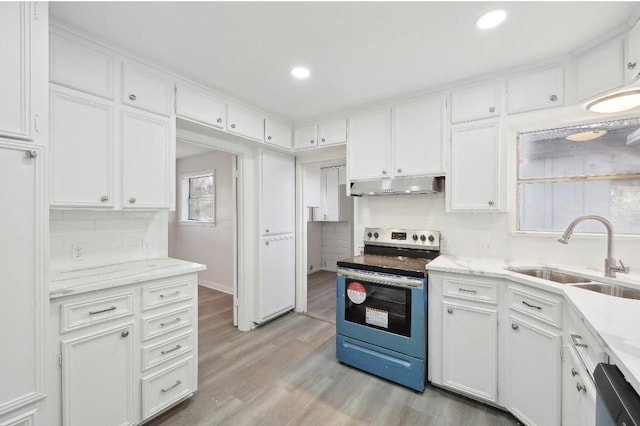 kitchen with light wood finished floors, white cabinets, appliances with stainless steel finishes, under cabinet range hood, and a sink