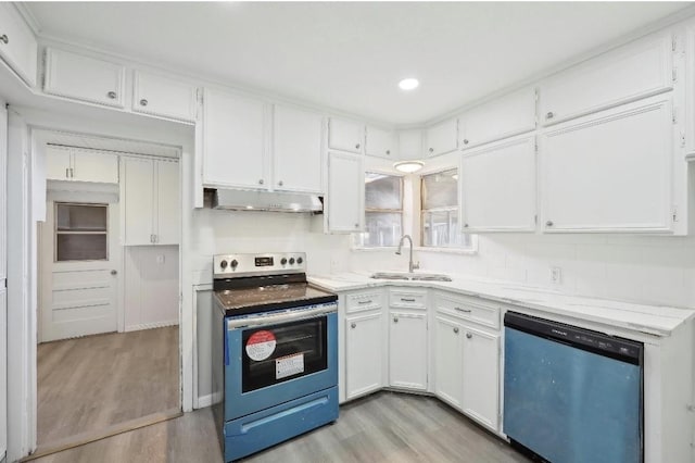 kitchen with white cabinets, electric stove, dishwashing machine, under cabinet range hood, and a sink