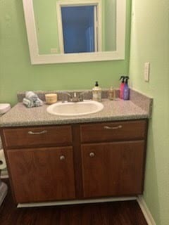 3506 Cove View Blvd Unit 1506, Galveston, TX 77554 - bathroom featuring vanity, toilet, and wood finished floors