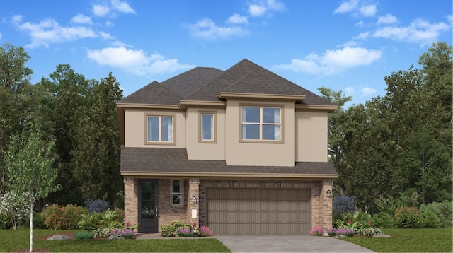 view of front of home featuring concrete driveway, stucco siding, roof with shingles, a front yard, and brick siding