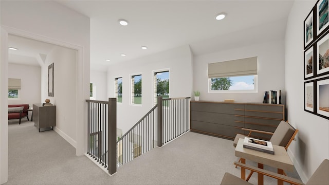 hallway with baseboards, carpet flooring, an upstairs landing, and recessed lighting