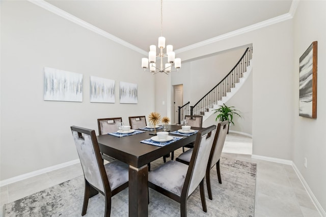 dining space with baseboards, stairs, ornamental molding, and a chandelier