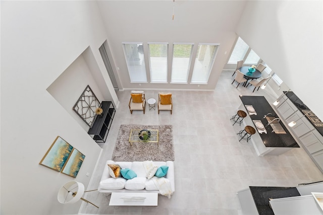 living room with a high ceiling