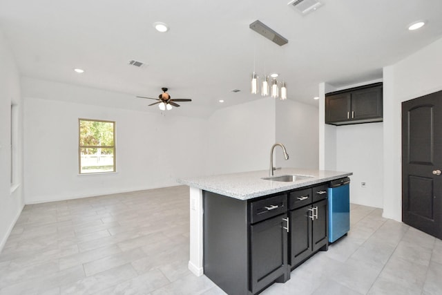 kitchen featuring a sink, visible vents, dishwasher, and pendant lighting