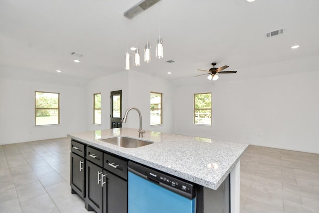 kitchen with dishwashing machine, visible vents, open floor plan, and a sink