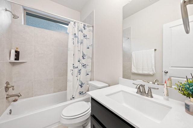 full bathroom with toilet, shower / tub combo with curtain, and vanity