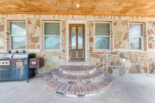 property entrance featuring stone siding