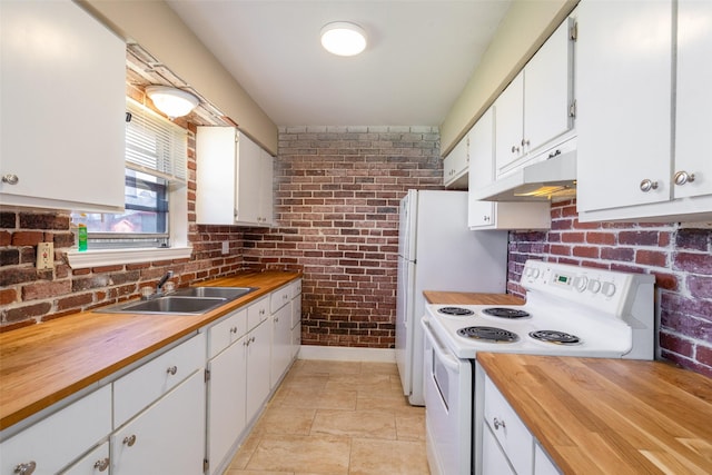 kitchen with a sink, wooden counters, under cabinet range hood, and white range with electric stovetop