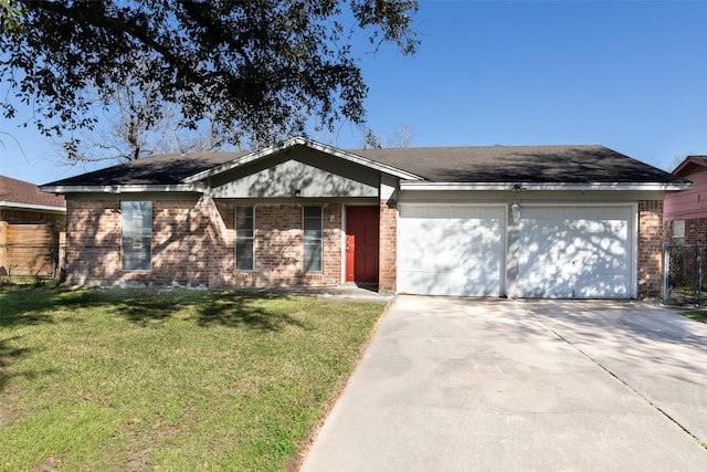 ranch-style home featuring brick siding, fence, concrete driveway, a front yard, and a garage