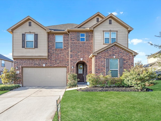 traditional-style home with brick siding, a garage, concrete driveway, and a front lawn