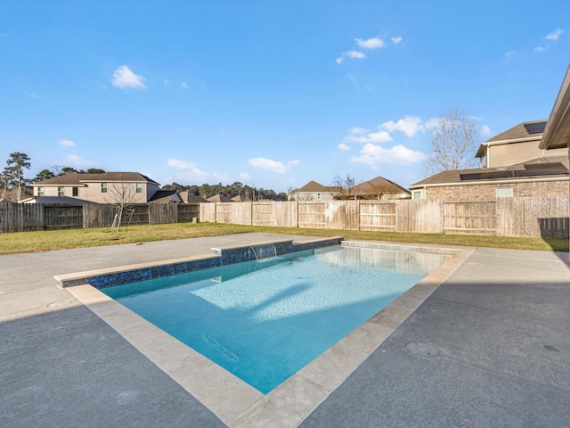 view of pool featuring a patio area, a lawn, a fenced backyard, and a fenced in pool