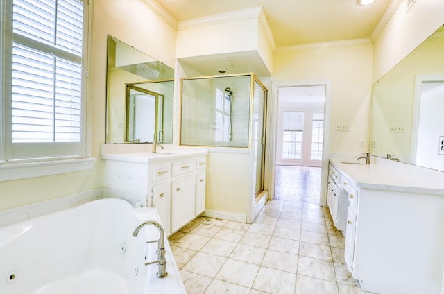 bathroom featuring a wealth of natural light, a jetted tub, a stall shower, and ornamental molding