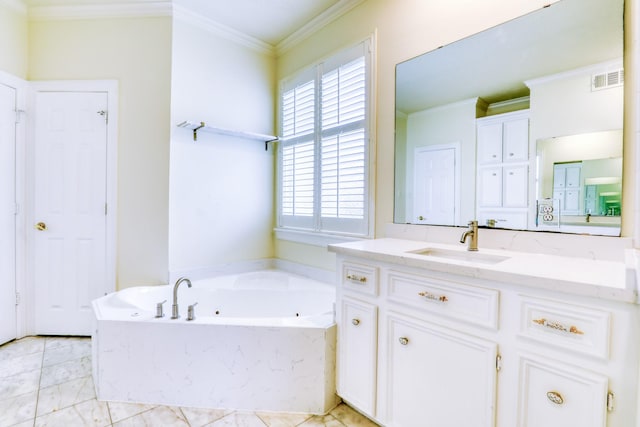 bathroom featuring vanity, crown molding, visible vents, and a whirlpool tub