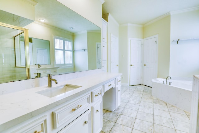 full bath with vanity, a garden tub, a stall shower, and crown molding