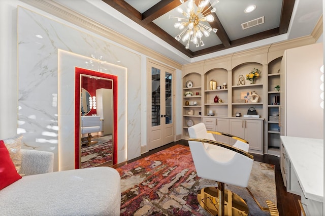 office area featuring visible vents, coffered ceiling, dark wood-type flooring, beamed ceiling, and an inviting chandelier